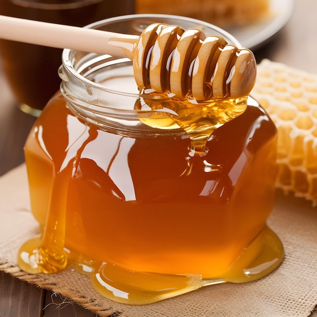 Photo le miel est versé sur un pot de miel.