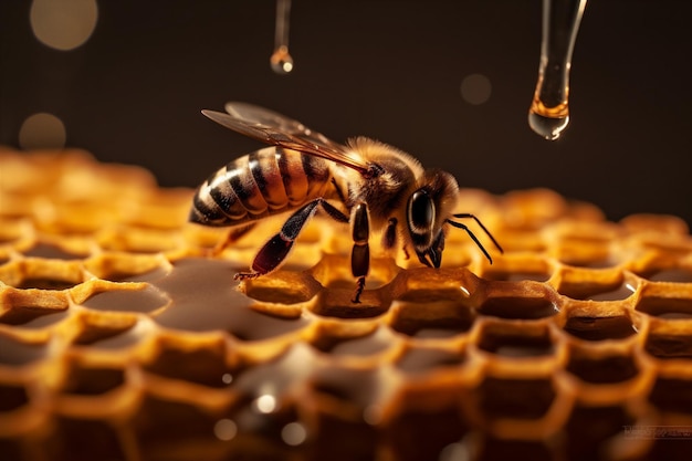 Miel or gros plan pollen macro fleur nature insecte fond jaune abeille IA générative