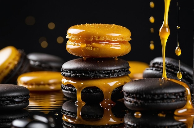 Le miel pleuvait sur une tour de macarons noirs.