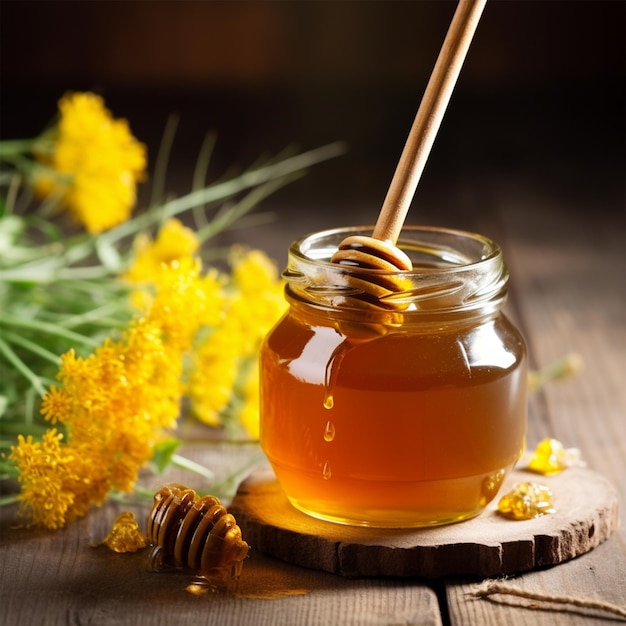 Un miel en pot_ avec une louche de miel sur du bois vintage