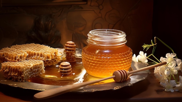Le miel pur dans un nid de miel conservé dans un bol de verre