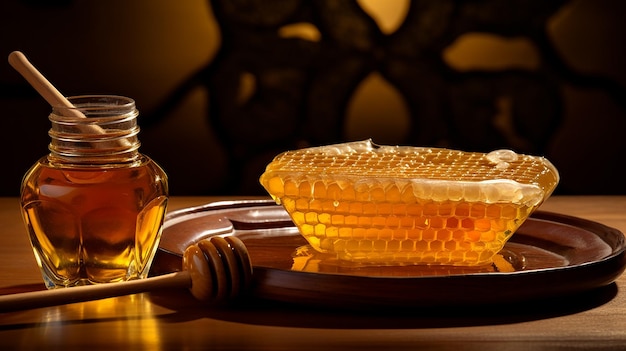 Le miel pur sur les ruches de miel dans le verre