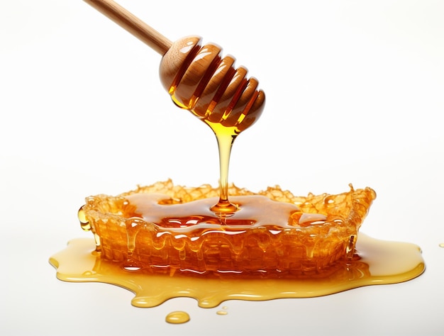 Miel sucré frais et miel de bois coulant isolé sur une surface blanche