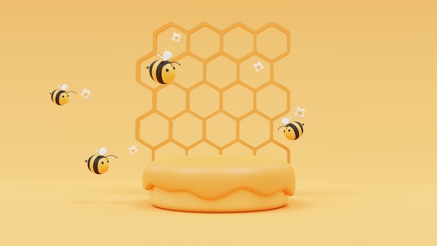 Le miel tombe sur un piédestal vide et un nid d'abeille avec des cellules de grille hexagonales. Rendu 3D.