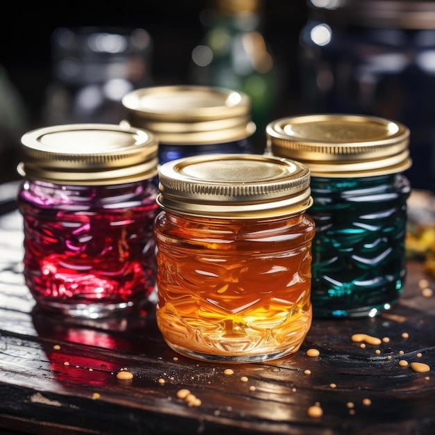 Miel vibrant dans des bocaux en verre sur une table en bois