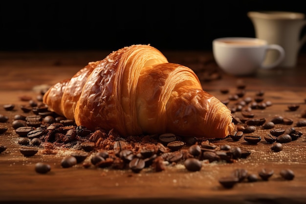 Miettes de croissant et grains de café sur une table en bois