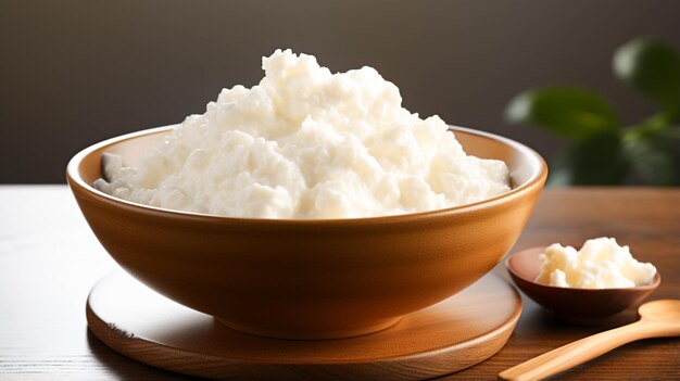 Migao tube gâteau de riz riz au lait dans un bol sur fond blanc