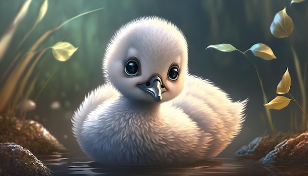 Un mignon adorable bébé cygne rendu dans le style d'animation de dessin animé adapté aux enfants style fantastique ai générative