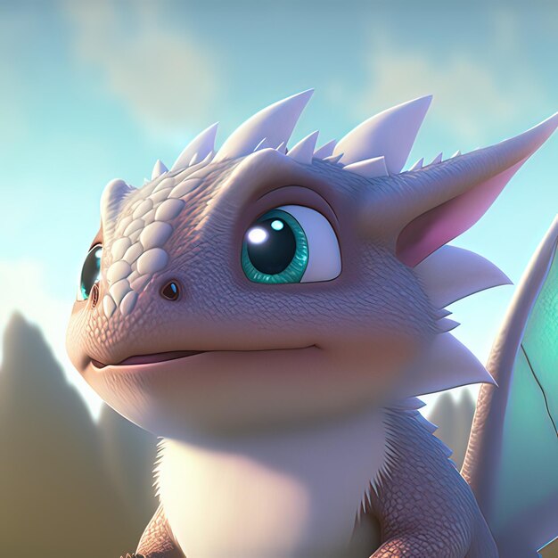 Un mignon adorable bébé dragon lézard 3D Illustation se dresse dans la nature dans le style d'animation de dessin animé adapté aux enfants