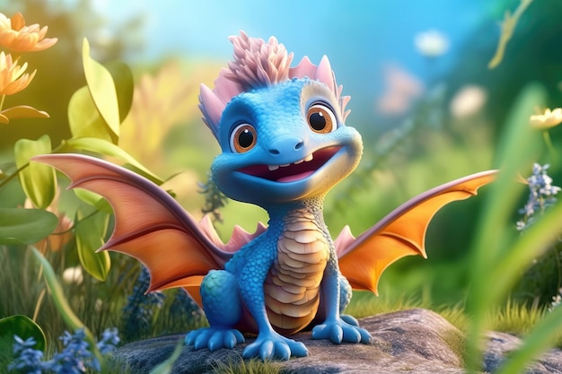 un mignon adorable bébé dragon lézard Illustration 3D se dresse dans la nature