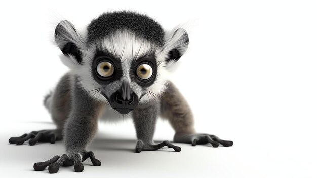 Un mignon et adorable bébé lémur avec de grands yeux curieux est assis sur un fond blanc Le lémur regarde la caméra avec une expression curieuse