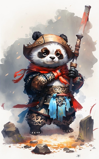 Mignon adorable bébé samouraï panda regardant l'aquarelle de la caméra