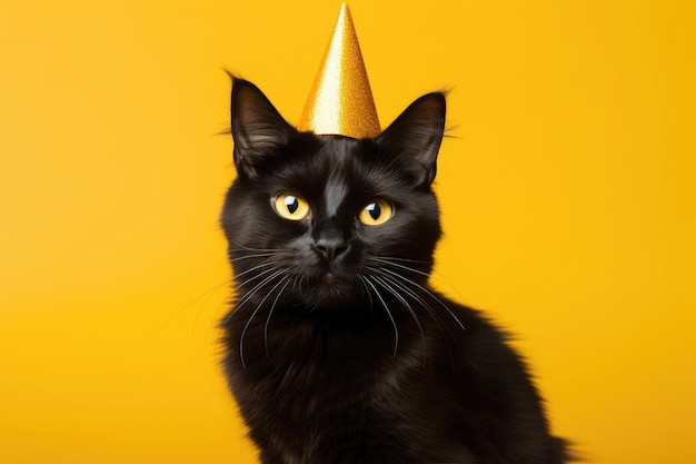 Mignon adorable chat d'anniversaire noir en chapeau de fête jaune assis sur fond orange