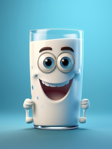 Mignon adorable personnage de dessin animé 3D verre de lait souriant avec de grands yeux
