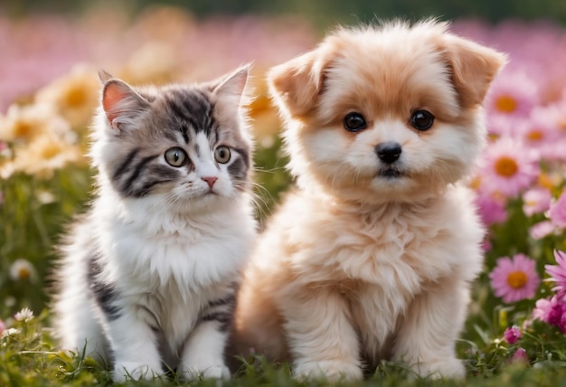 Mignon et adorable petit chat et chien moelleux sur prairie IA générative