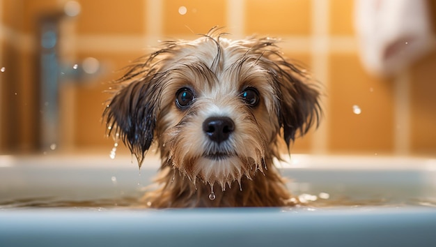 Mignon adorable petit chien mouillé dans la baignoire chien propre avec du savon mousse drôle sur la tête Les animaux domestiques à l'intérieur doivent être