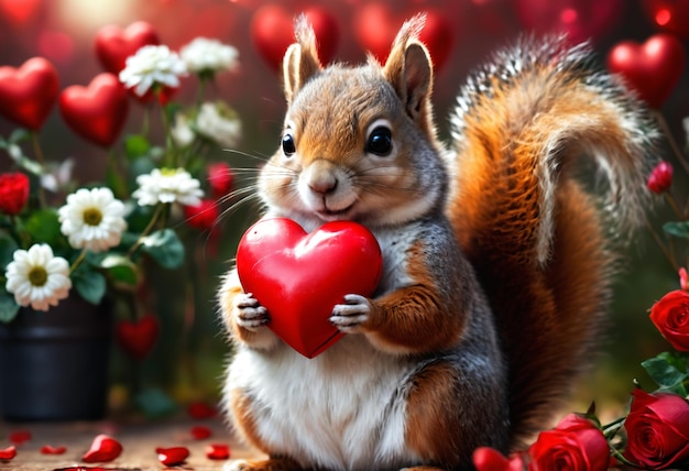 Mignon et adorable petit écureuil pelucheux tient un coeur rouge IA générative