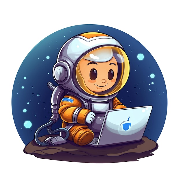 Un mignon astronaute vectoriel avec un ordinateur portable sur la planète dessin animé et l'illustration de l'icône vectorielle