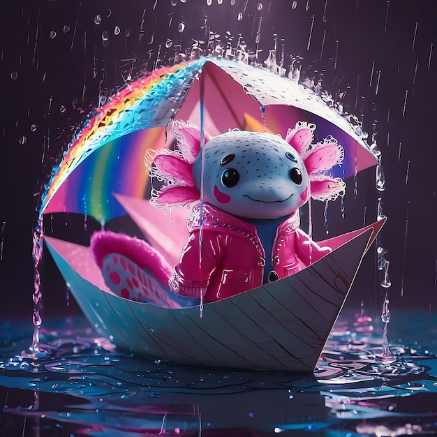 Un mignon Axolotl souriant portant un imperméable rose et un parapluie coloré sous la pluie