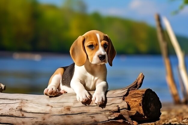 Le mignon Beagle joue à l'extérieur et copie l'espace