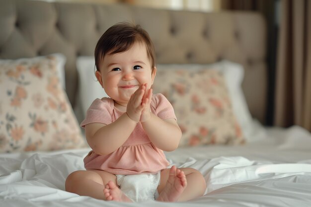 Photo un mignon bébé asiatique jouant sur le lit dans la chambre.