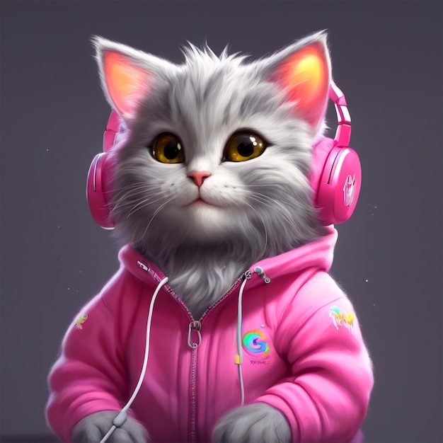 Mignon bébé chat moelleux aux cheveux gris avec un sweat-shirt rose et un logo arc-en-ciel, le chat porte un casque