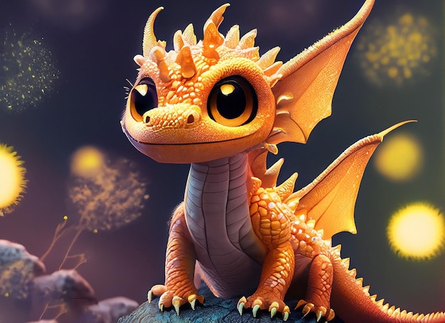 Un mignon bébé dragon adorable se tient dans la nature la nuit avec de la lumière dans le style de l'animation de dessins animés adaptée aux enfants fantaisie style 3D Illustration créée par AI