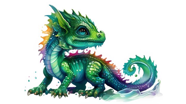 Le mignon bébé dragon vert assis isolé sur une IA générative blanche.