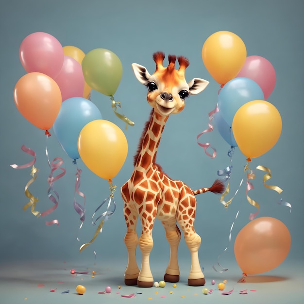 Un mignon bébé girafe fête avec des ballons