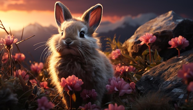 Un mignon bébé lapin assis dans l'herbe profitant du coucher de soleil généré par l'intelligence artificielle