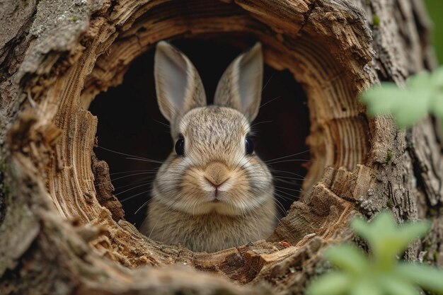 Un mignon bébé lapin regardant de la souche dans la forêt de printemps