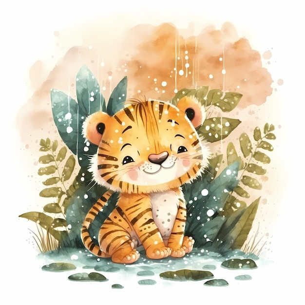 mignon, bébé, tigre, illustration, sur, aquarelle