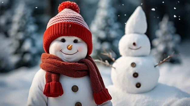 mignon bonhomme de neige dans un chapeau tricoté et un foulard sur un champ enneigé dans une journée d'hiver ensoleillée Concept pour l'hiver