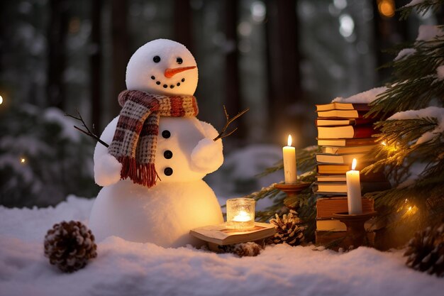 Un mignon bonhomme de neige avec des livres de contes de fées dans une forêt enneigée IA générative