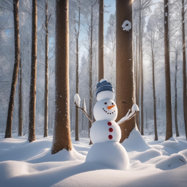 Photo un mignon bonhomme de neige sur une zone enneigée et un fond de neige bokeh