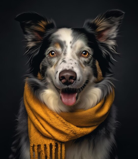 un mignon Border Collie souriant avec un foulard dans un portrait de fond gris