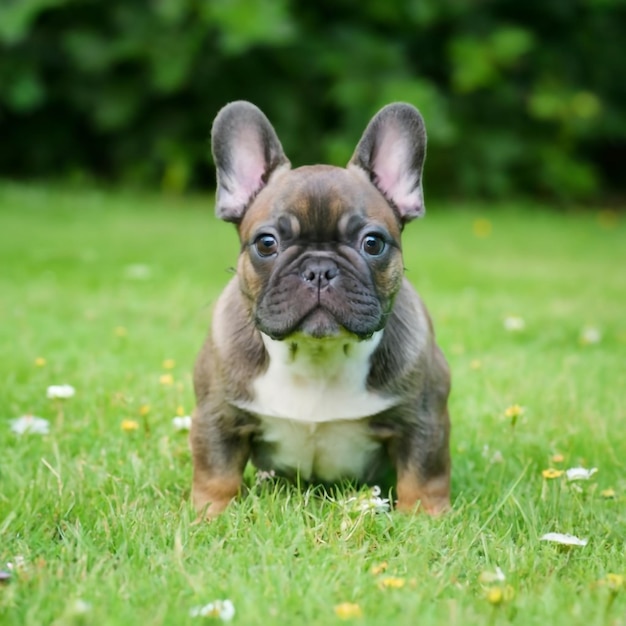 Un mignon bulldog français qui court dans un champ d'herbe verte pendant la journée