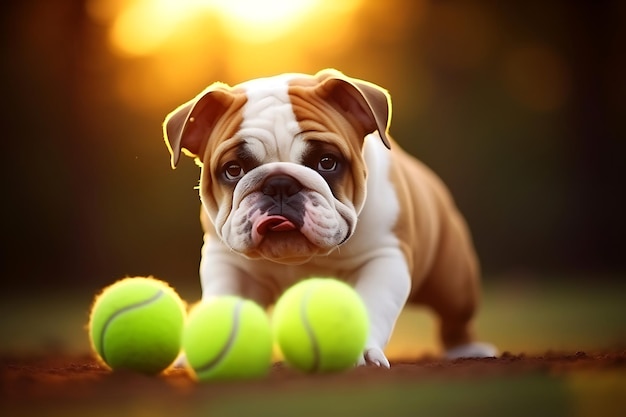 Le mignon bulldog joue à l'extérieur et copie l'espace