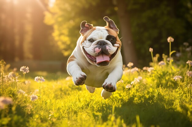 Le mignon bulldog joue à l'extérieur et copie l'espace