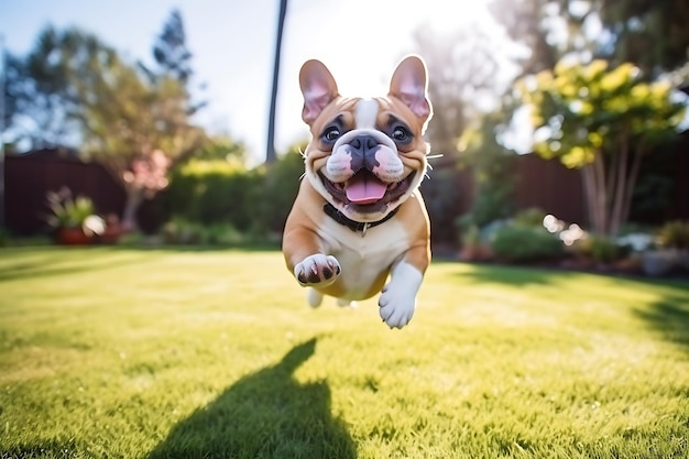 Le mignon bulldog joue à l'extérieur et copie l'espace