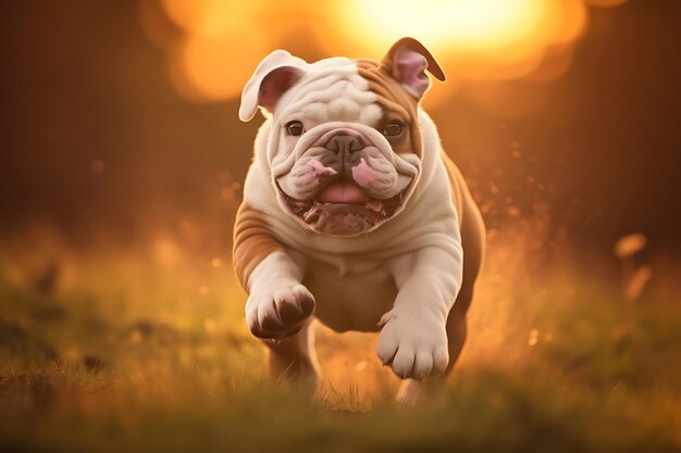 Le mignon bulldog joue à l'extérieur et copie l'espace