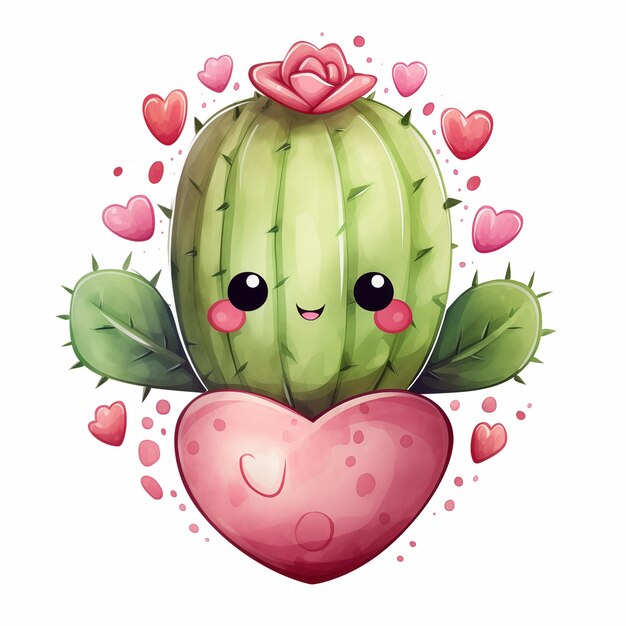 Photo un mignon cactus de dessin animé avec un cœur dans la bouche