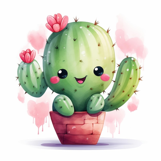 Photo un mignon cactus de dessin animé avec une fleur rose sur la tête sourit