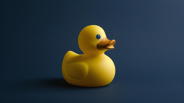 Photo un mignon canard en caoutchouc jaune sur un fond bleu le canard est tourné vers la gauche et a une expression heureuse sur son visage