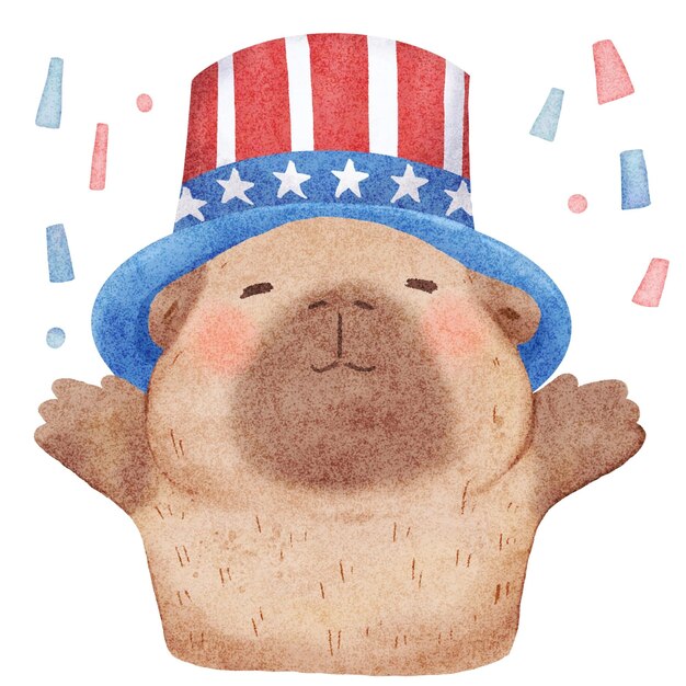 Photo un mignon capybara de dessin animé portant un chapeau américain parfait pour la cérébriation aquarelle du jour de l'indépendance