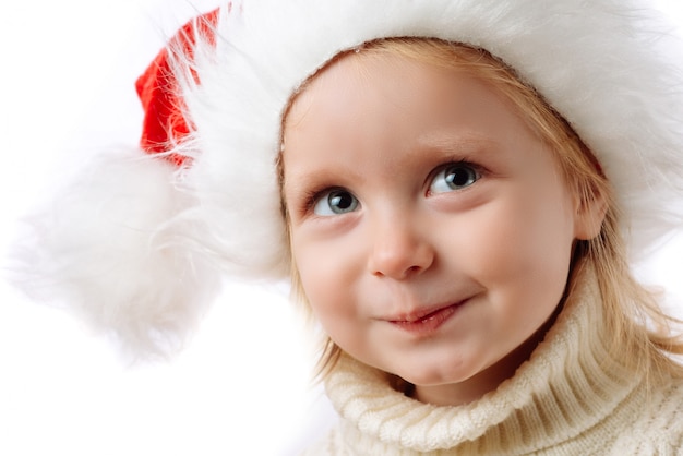 Mignon, caucasien, gosse, dans, santa chapeau, closeup, portrait