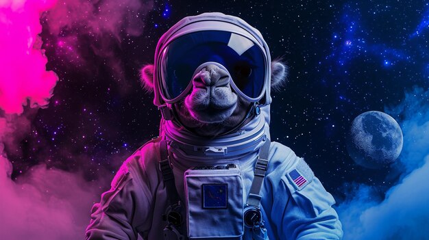 Un mignon chameau spatial vêtu d'un costume d'astronaute avec des lunettes de soleil en rose et bleu.