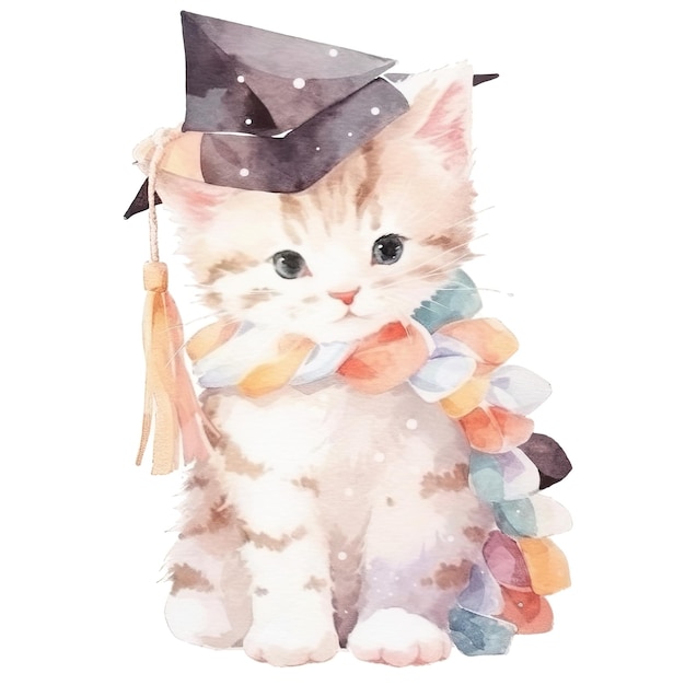 Un mignon chat à l'aquarelle isolé dans une casquette de graduation