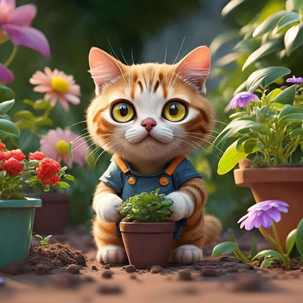 Un mignon chat assis avec des fleurs de nourriture dans le jardin