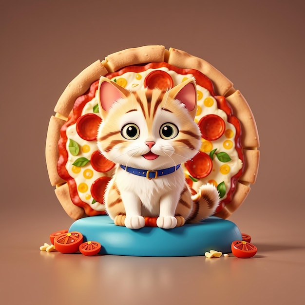 Un mignon chat assis sur une pizza, une illustration de l'icône vectorielle de dessin animé, un concept d'icône de nourriture animale, un appartement isolé.